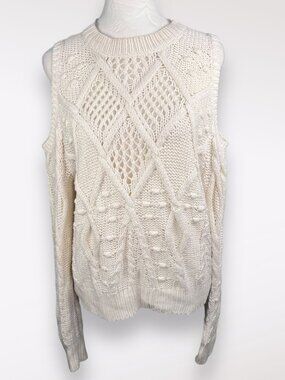 Lucky Brand Cream Cable Knit Cold Shoulder Sweater Bobble Stitch Size Small